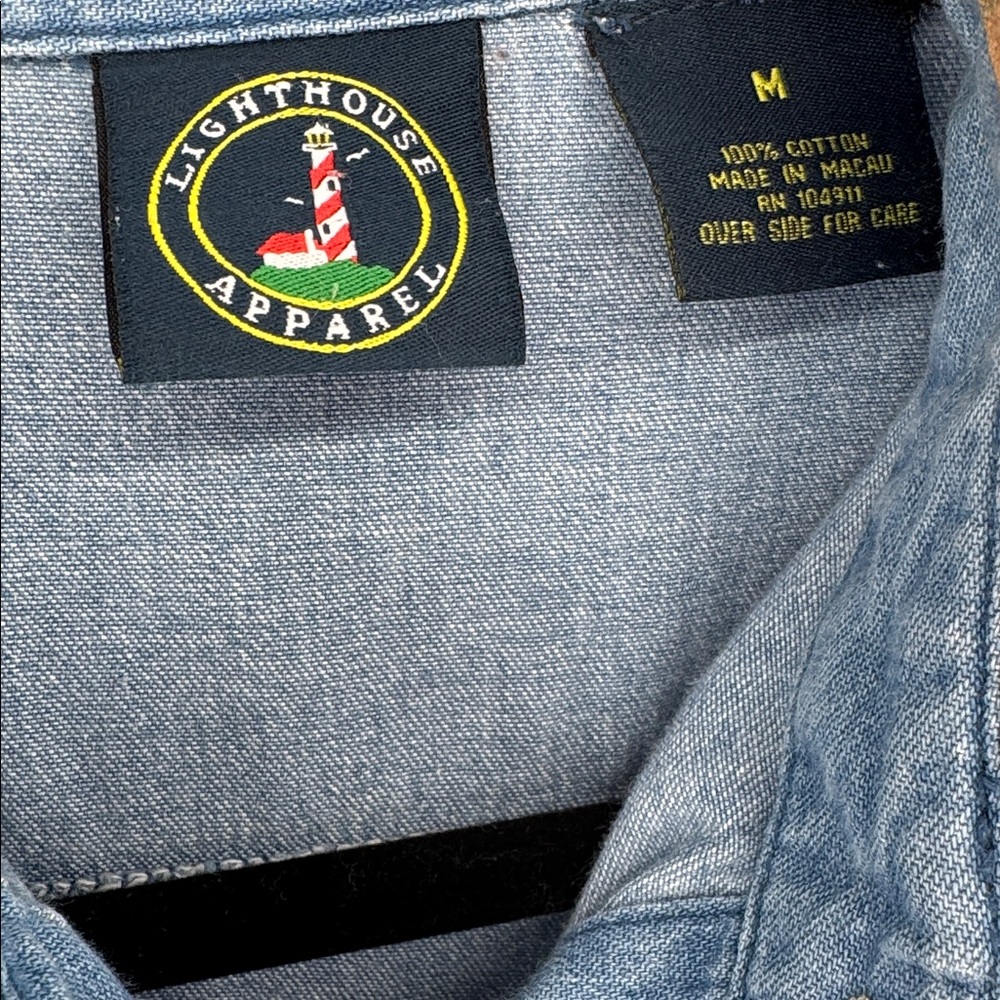 Vintage Lighthouse Chambray Denim Patch Work Butt… - image 4